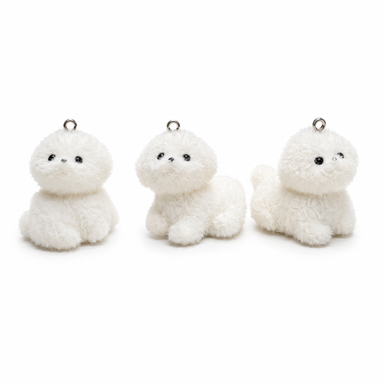 White Fluffy Puppy Plush Charm for Keychain, Bag & DIY Crafts 3pcs