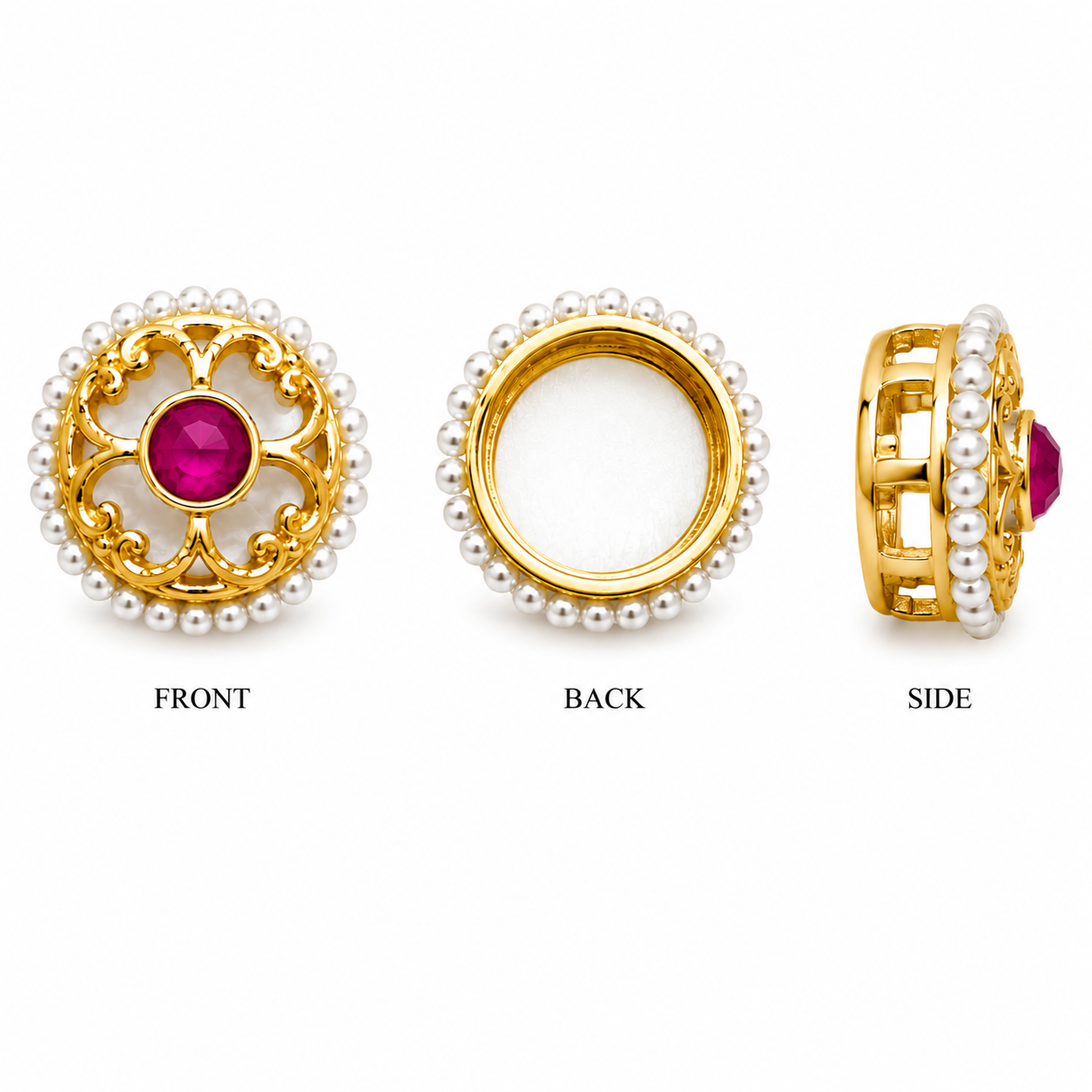 Pearl Border Gold Connector with Colored Stone – Round Floral Design(PACK OF 12PCS)
