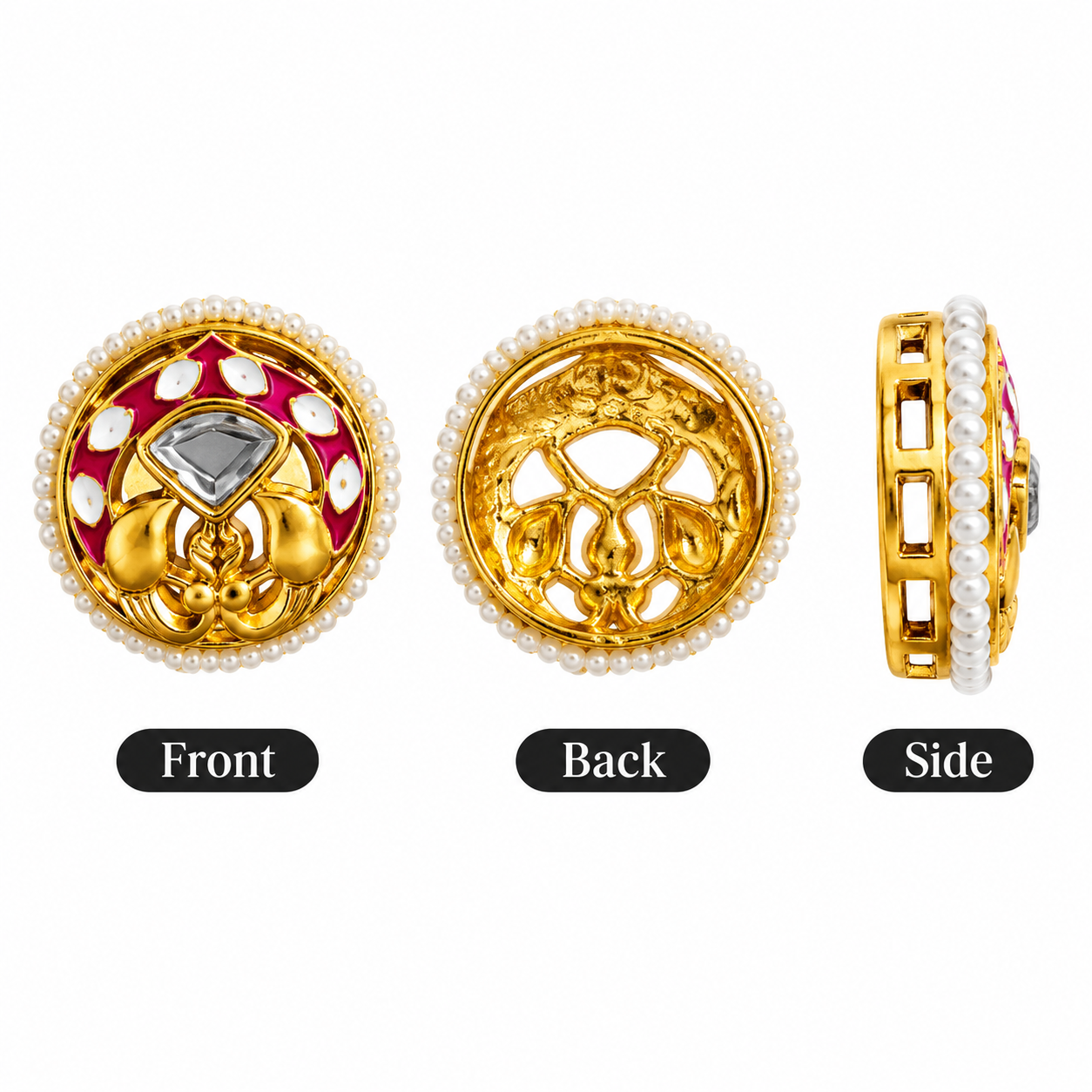 Traditional Kundan Round Pearl Border Button –Enamel with Crystal Stone(PACK OF 12PCS)