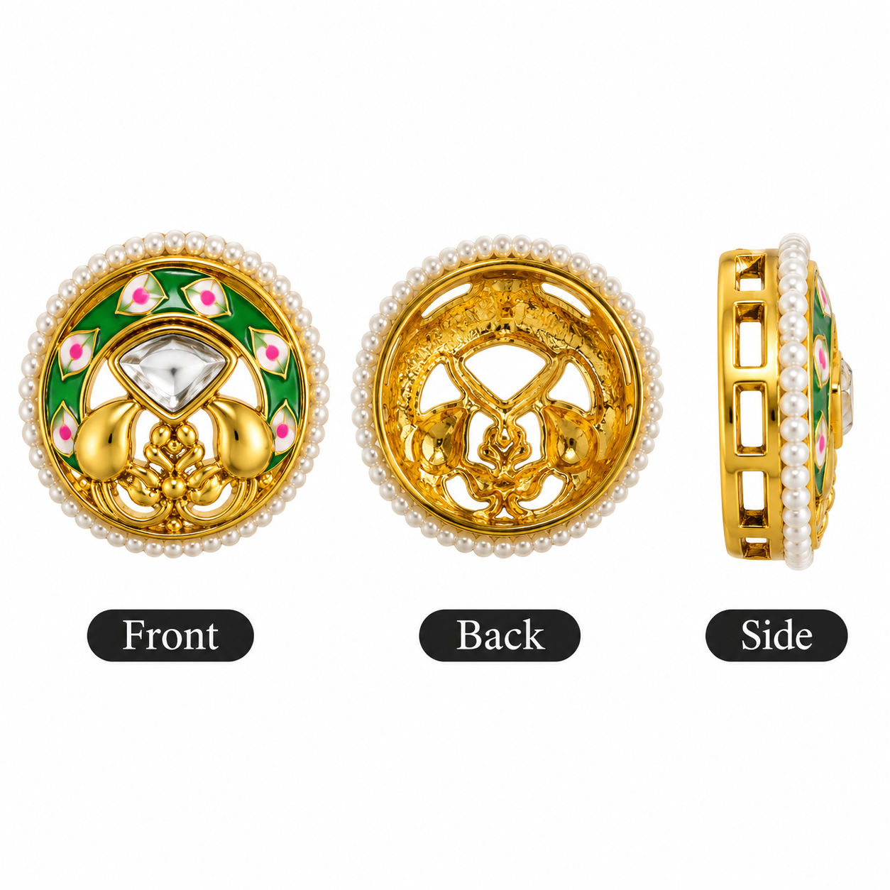 Traditional Kundan Round Pearl Border Button –Enamel with Crystal Stone(PACK OF 12PCS)