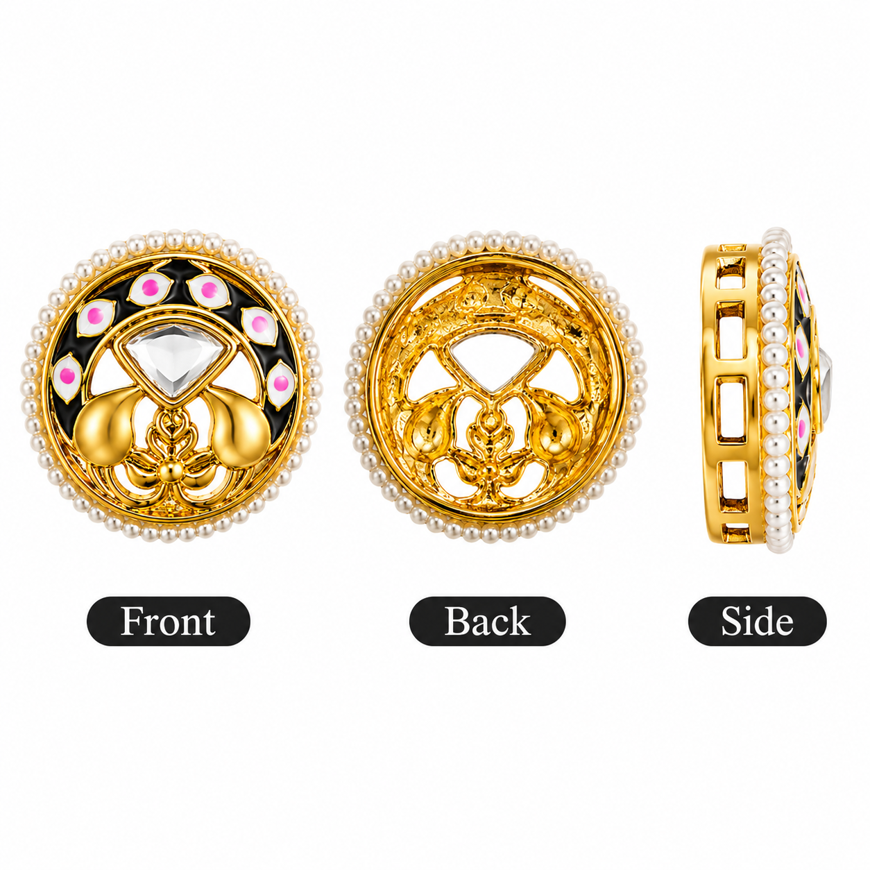 Traditional Kundan Round Pearl Border Button –Enamel with Crystal Stone(PACK OF 12PCS)