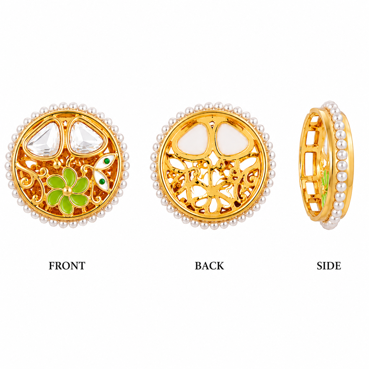 Gold Plated Floral Pearl Round Pendant with White Crystal Accent(PACK OF 12PCS)