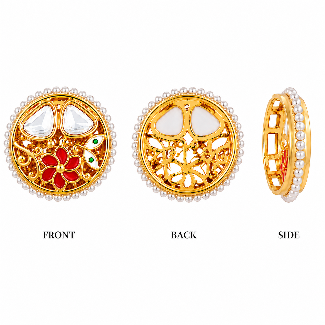 Gold Plated Floral Pearl Round Pendant with White Crystal Accent(PACK OF 12PCS)