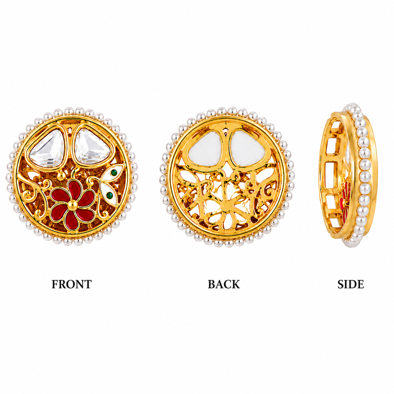 Gold Plated Floral Pearl Round Pendant with White Crystal Accent(PACK OF 12PCS)