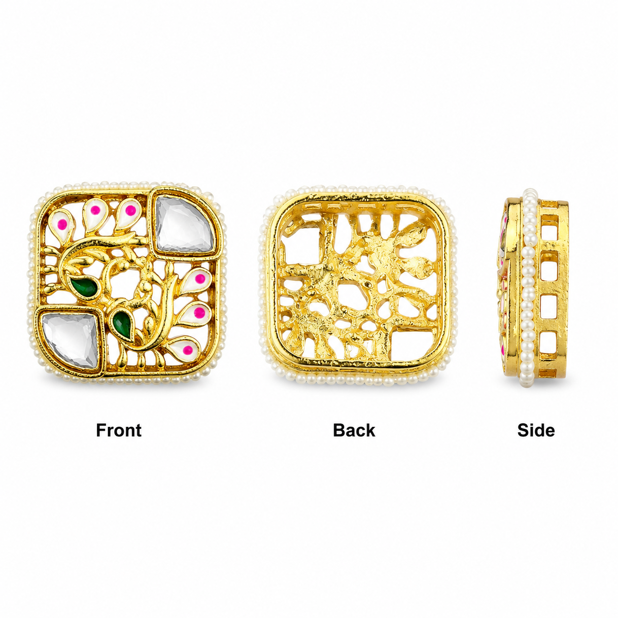 Traditional Peacock Design Kundan Pearl Square Jewelry Connector(PACK OF 12PCS)