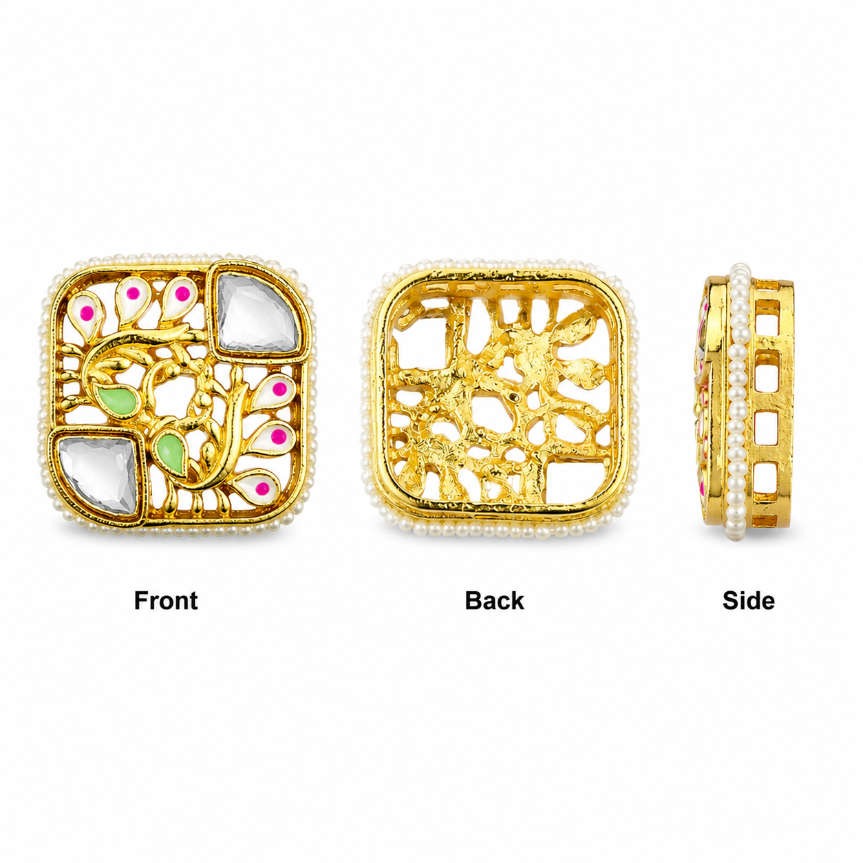 Traditional Peacock Design Kundan Pearl Square Jewelry Connector(PACK OF 12PCS)