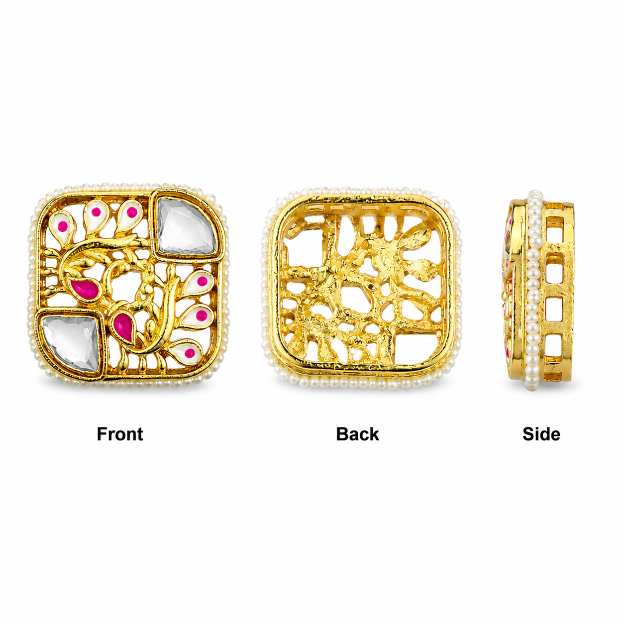 Traditional Peacock Design Kundan Pearl Square Jewelry Connector(PACK OF 12PCS)