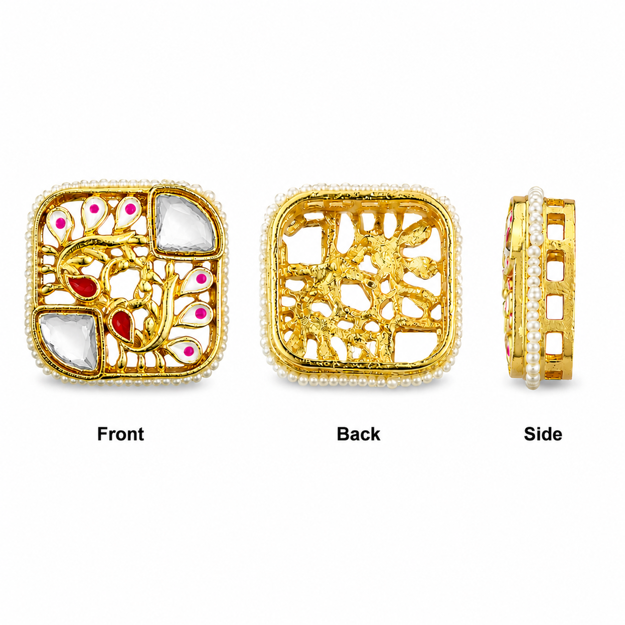 Traditional Peacock Design Kundan Pearl Square Jewelry Connector(PACK OF 12PCS)