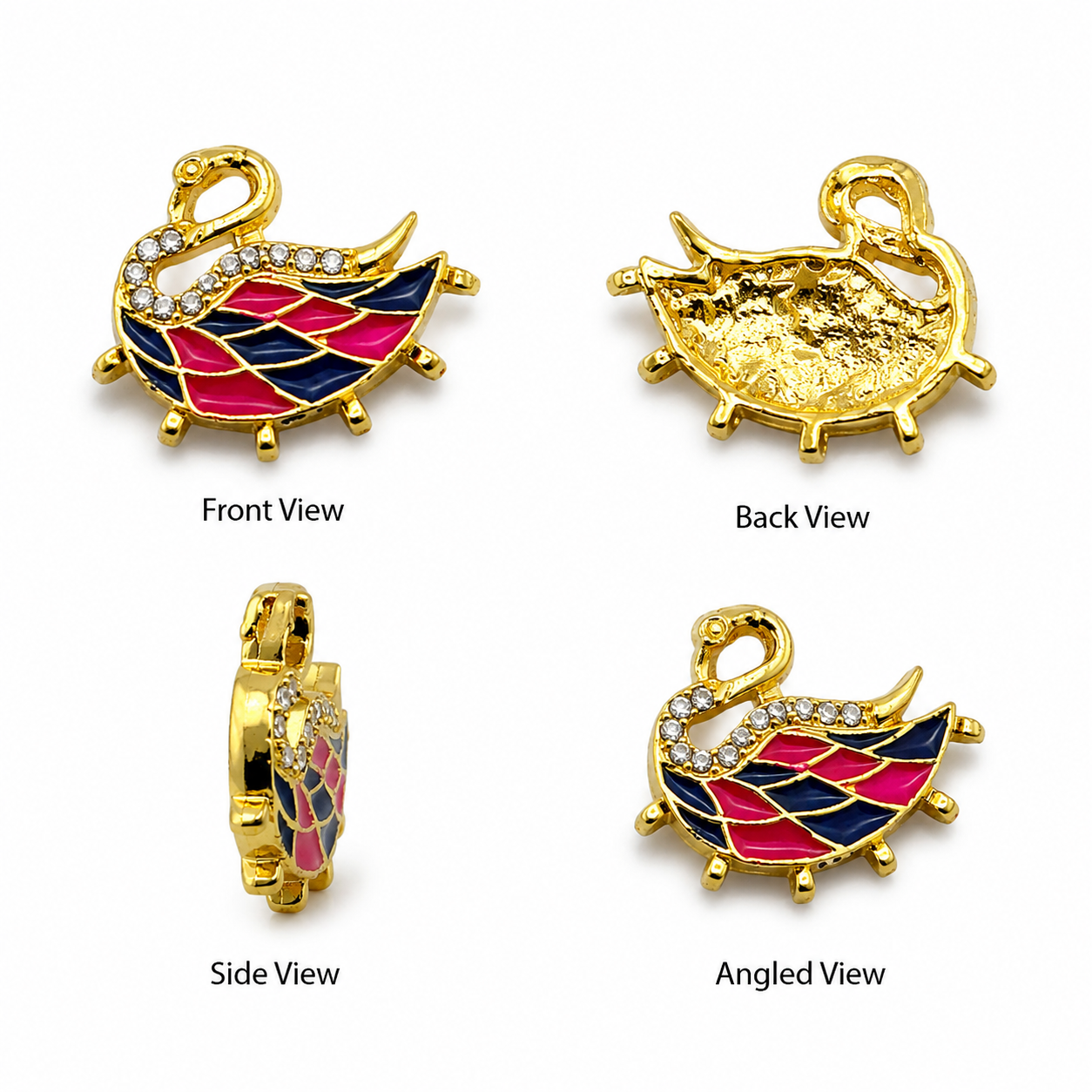 Swan Enamel Charm with Rhinestone – Gold Plated DIY Jewelry Pendant(PACK OF 12PCS)