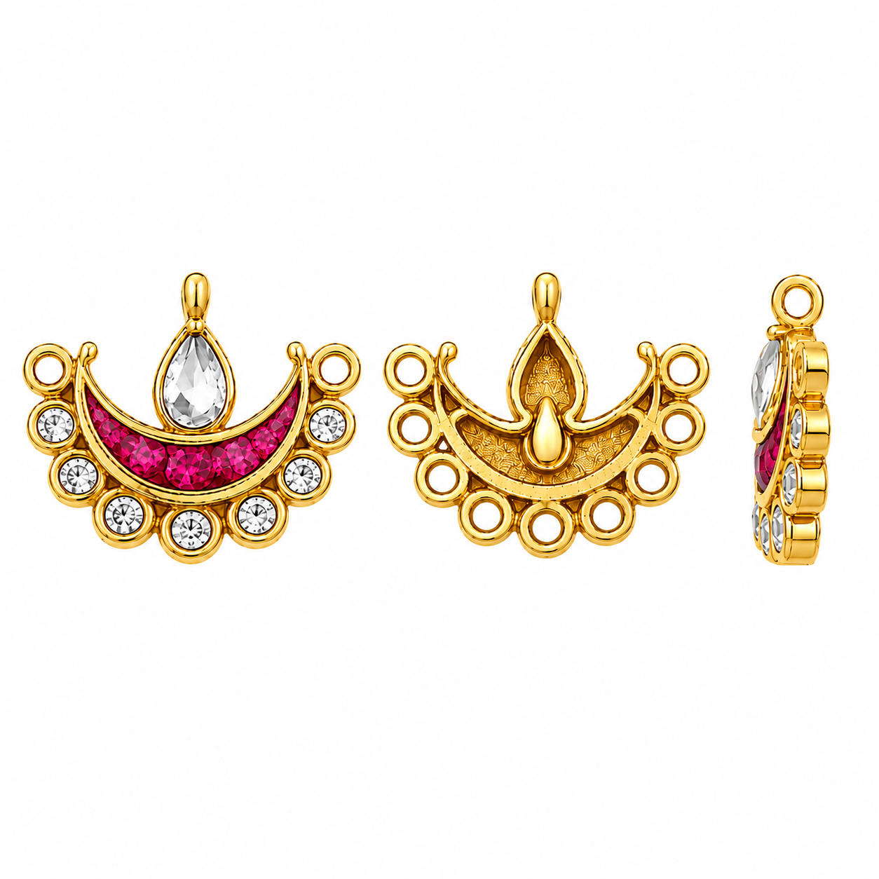 Most demanding Crescent Kundan Pendant with Crystal Drop – Gold Finish Jewellery Making Charm(PACK OF 10PCS)