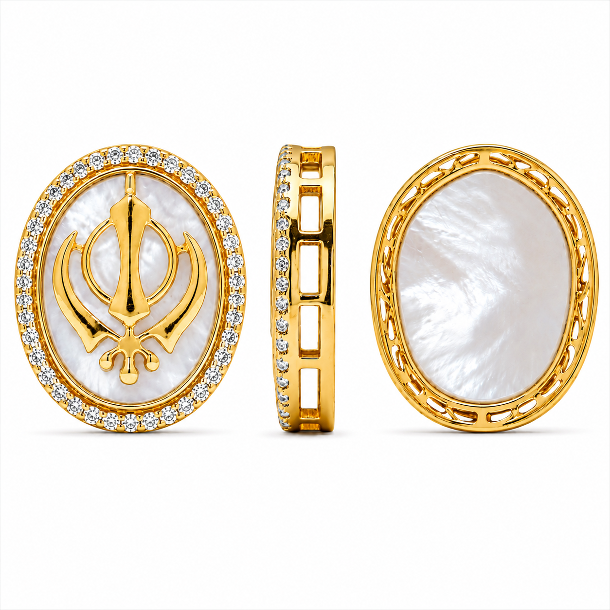 Khanda Symbol Oval Kundan Stone for Jewellery Making – Gold Finish with White Pearl Base(PACK OF 10PCS)