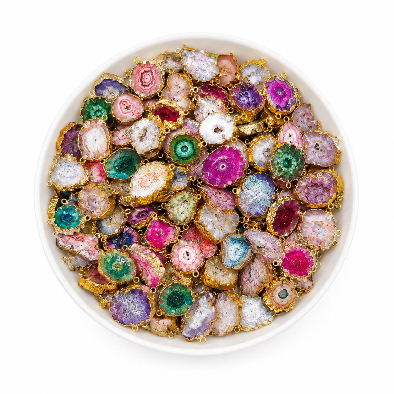 Natural Agate Slice Pendant Mix – Gold Plated Edge Crystal Stone Charms for Jewelry Making, DIY Crafts & Resin Art Mixed Colors (PACK OF 10PCS)