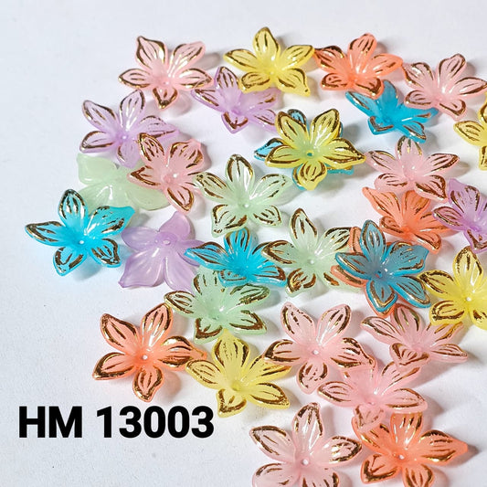 Gold Printed 5 Petal Flower Acrylic Beads – Mixed Colours - 13003