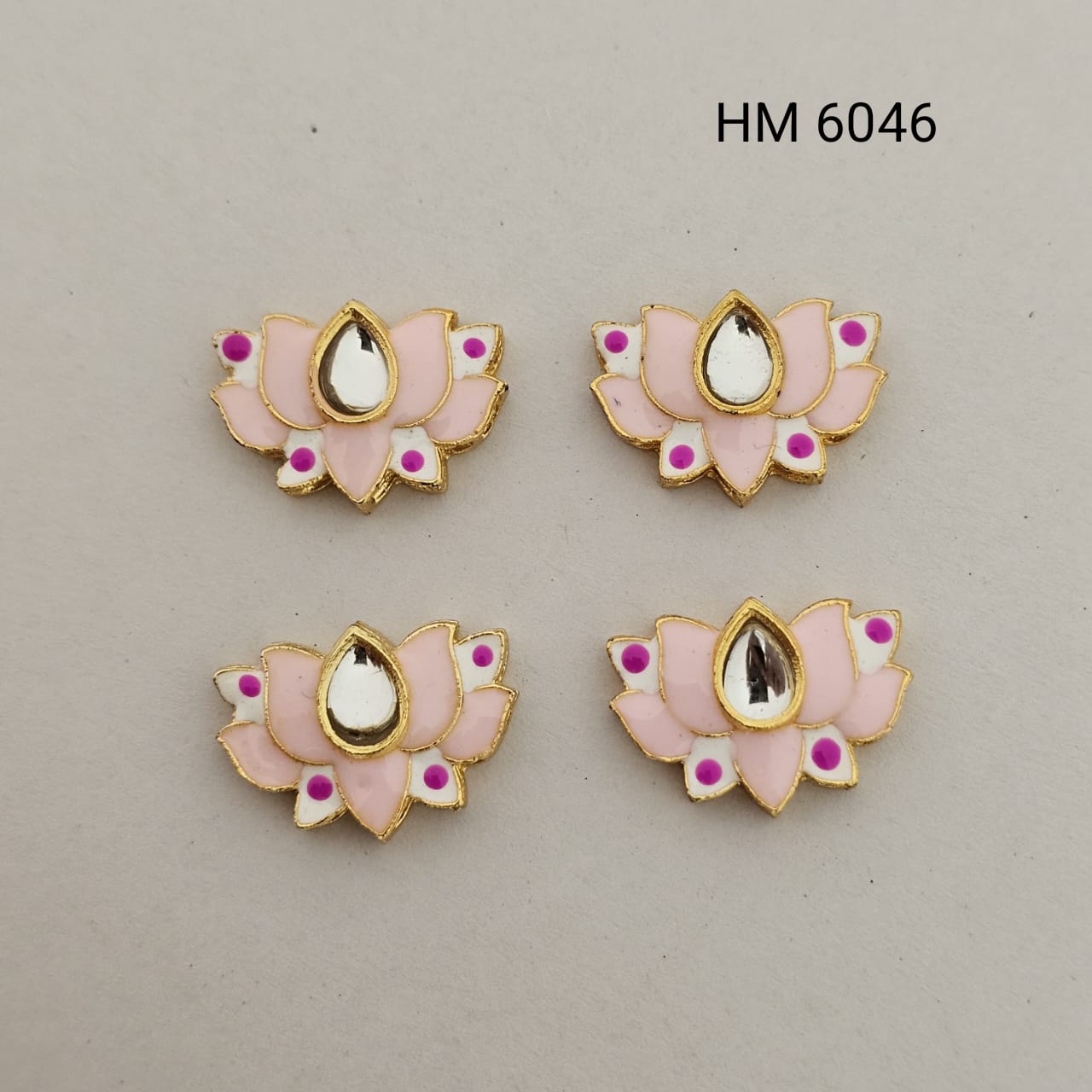 Pink Enamel Lotus Kundan Decorative Button / Jewelry Component (10 PCS IN ONE PKT) - HM 6046