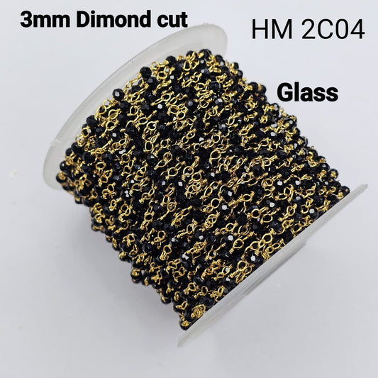 Diamond Cut Black Glass Beaded Chain (Gold Plated) 3MM - HM 2C04