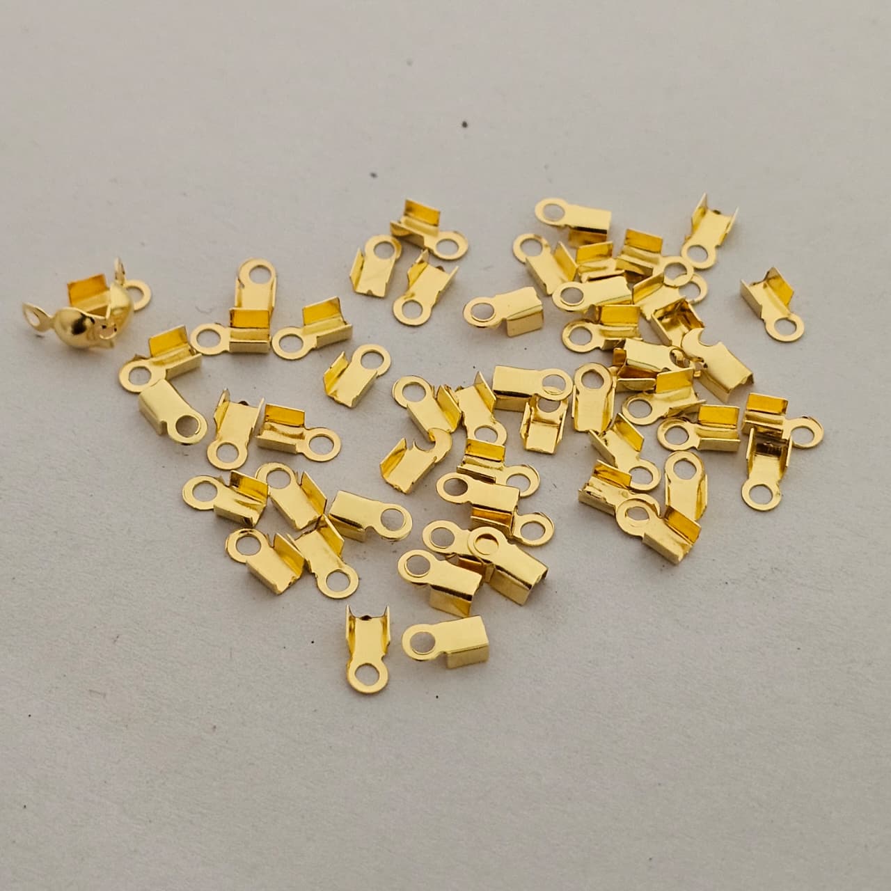 golden Tone Ribbon Crimp End with Loop (Cord End Connector) ( 100 pcs in one pkt)