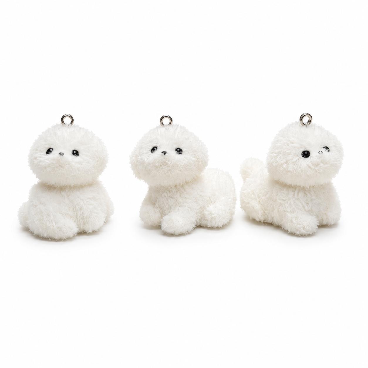 White Fluffy Puppy Plush Charm for Keychain, Bag & DIY Crafts 3pcs