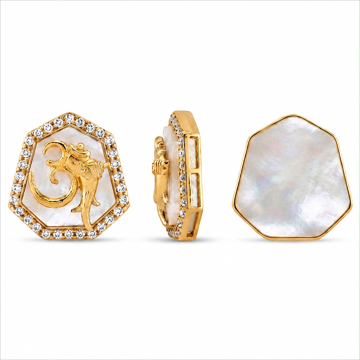Premium Om Mother of Pearl Kundan Connector Charm with CZ Border – Gold Finish for Jewellery Making (PACK OF 10 PCS))
