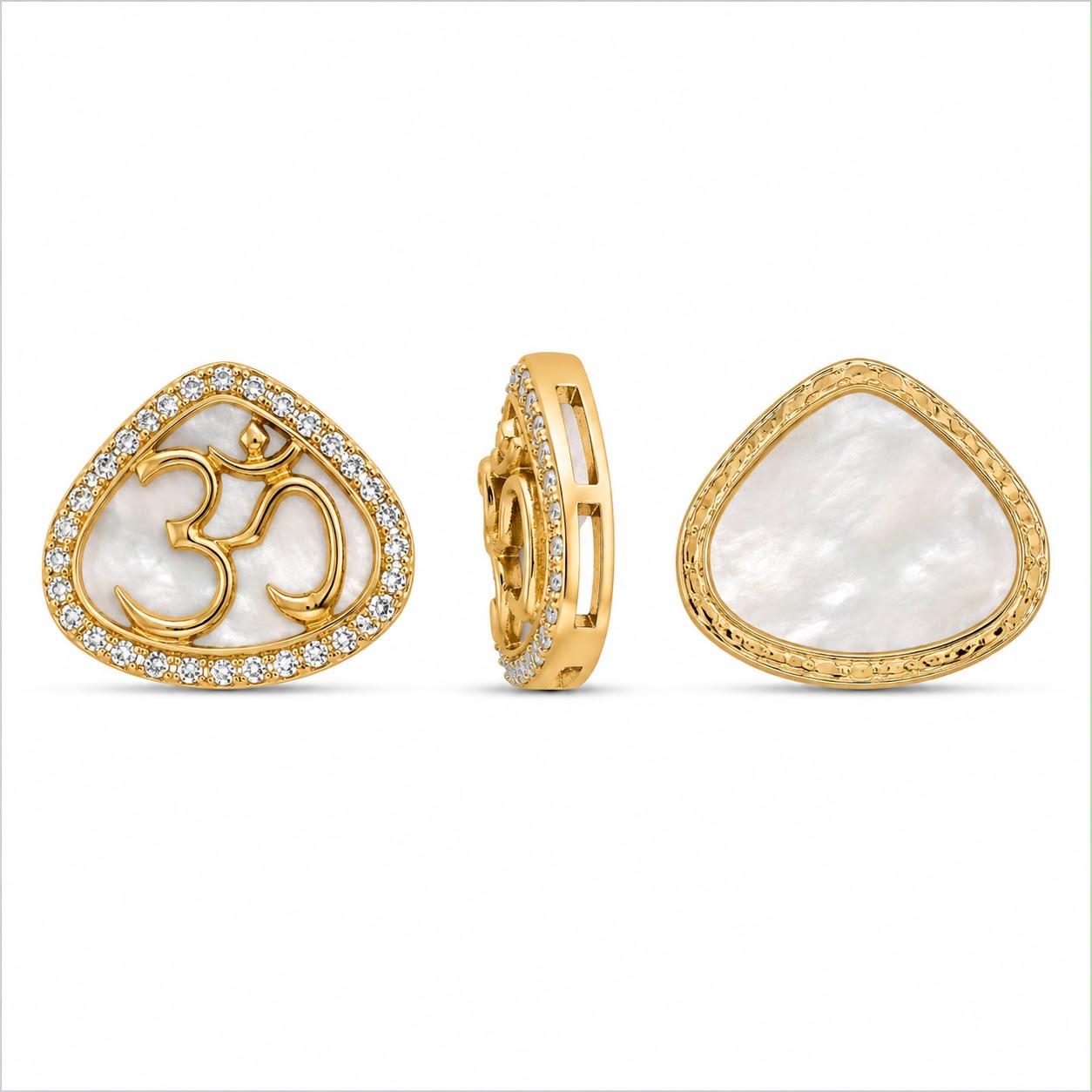 Premium Om Mother of Pearl Connector Charm with CZ Border – Gold Finish for Jewellery Making (PACK OF 10PS)