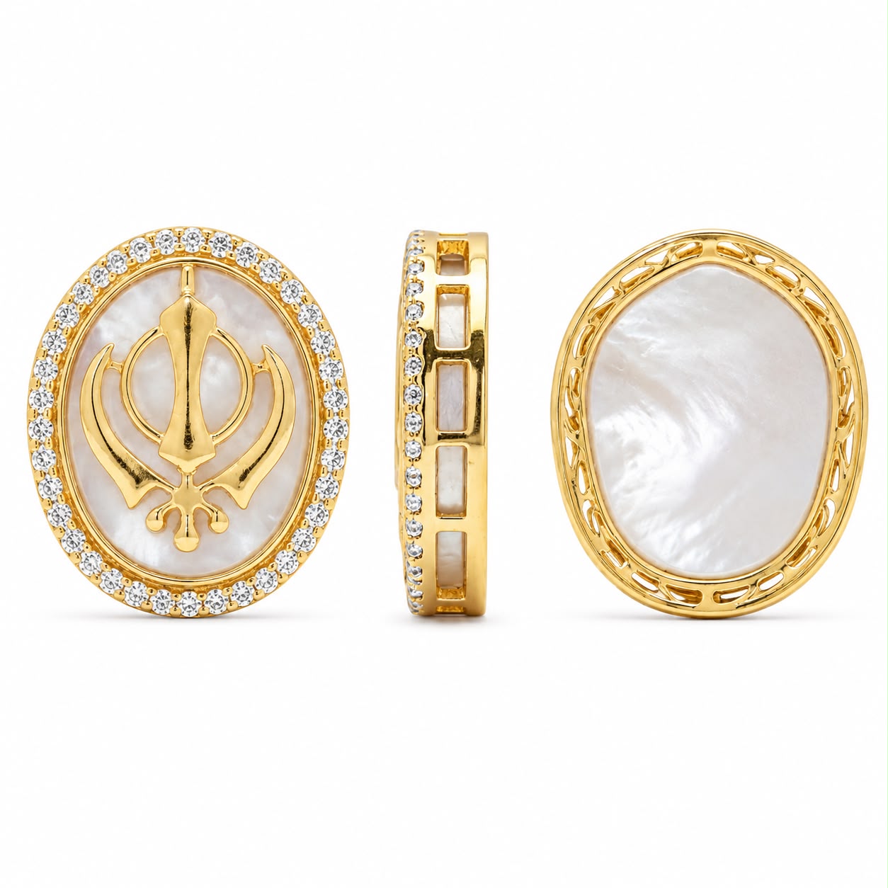 Khanda Symbol Oval Kundan Stone for Jewellery Making – Gold Finish with White Pearl Base(PACK OF 10PCS)