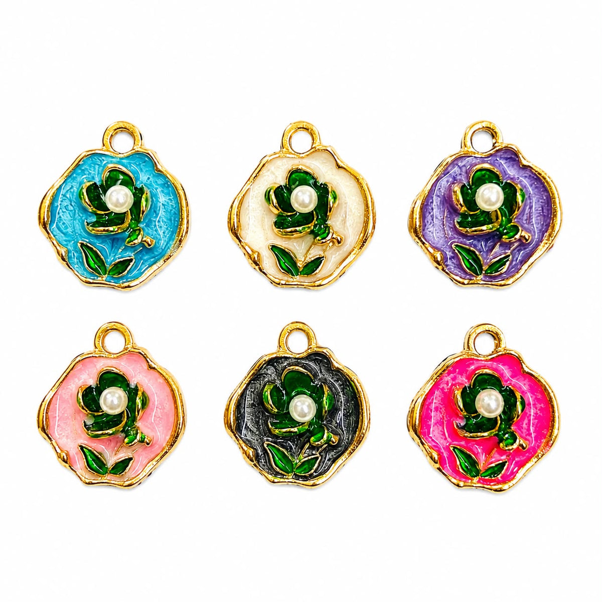 Floral Pearl Enamel Charm - 10 pcs