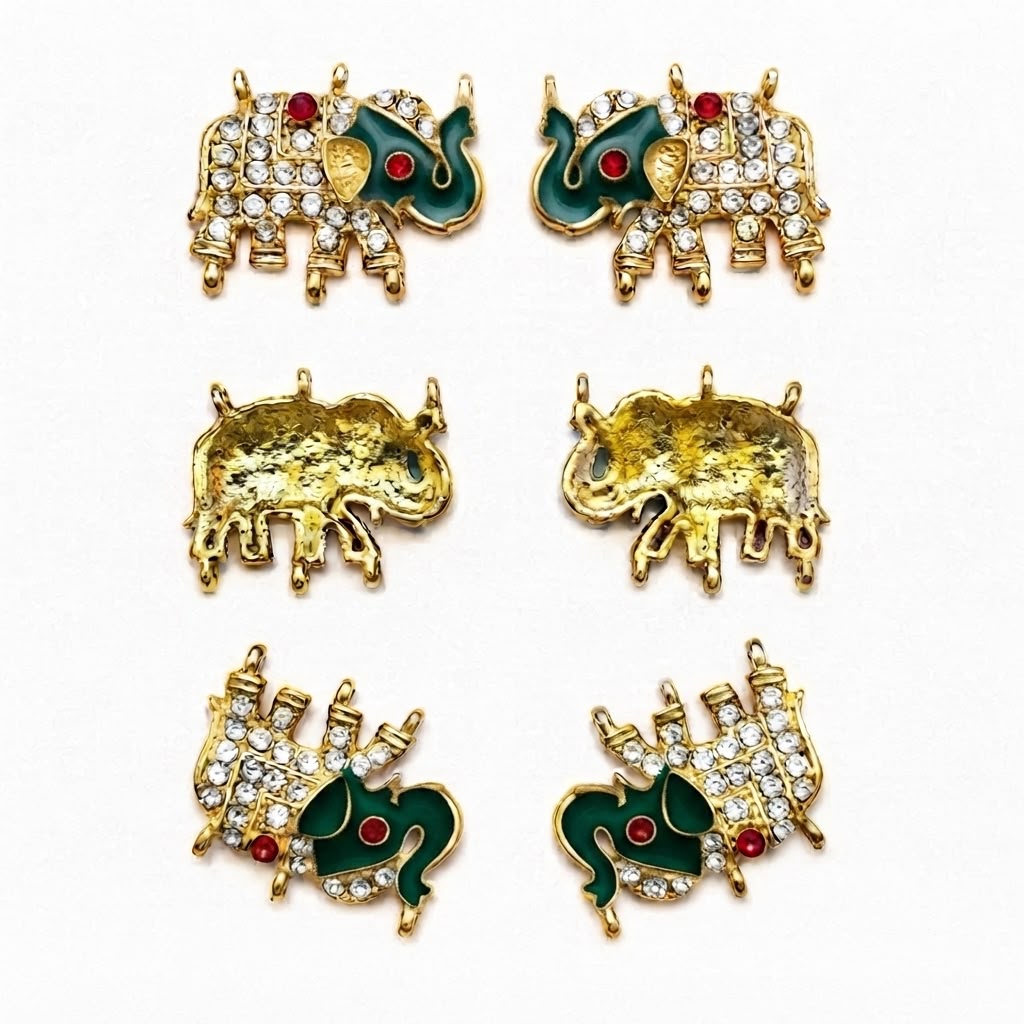 Traditional Elephant Kundan Charm with Crystal Stones | Gold Finish Decorative Pendant for DIY Jewelry Making(PACK OF 12PCS)