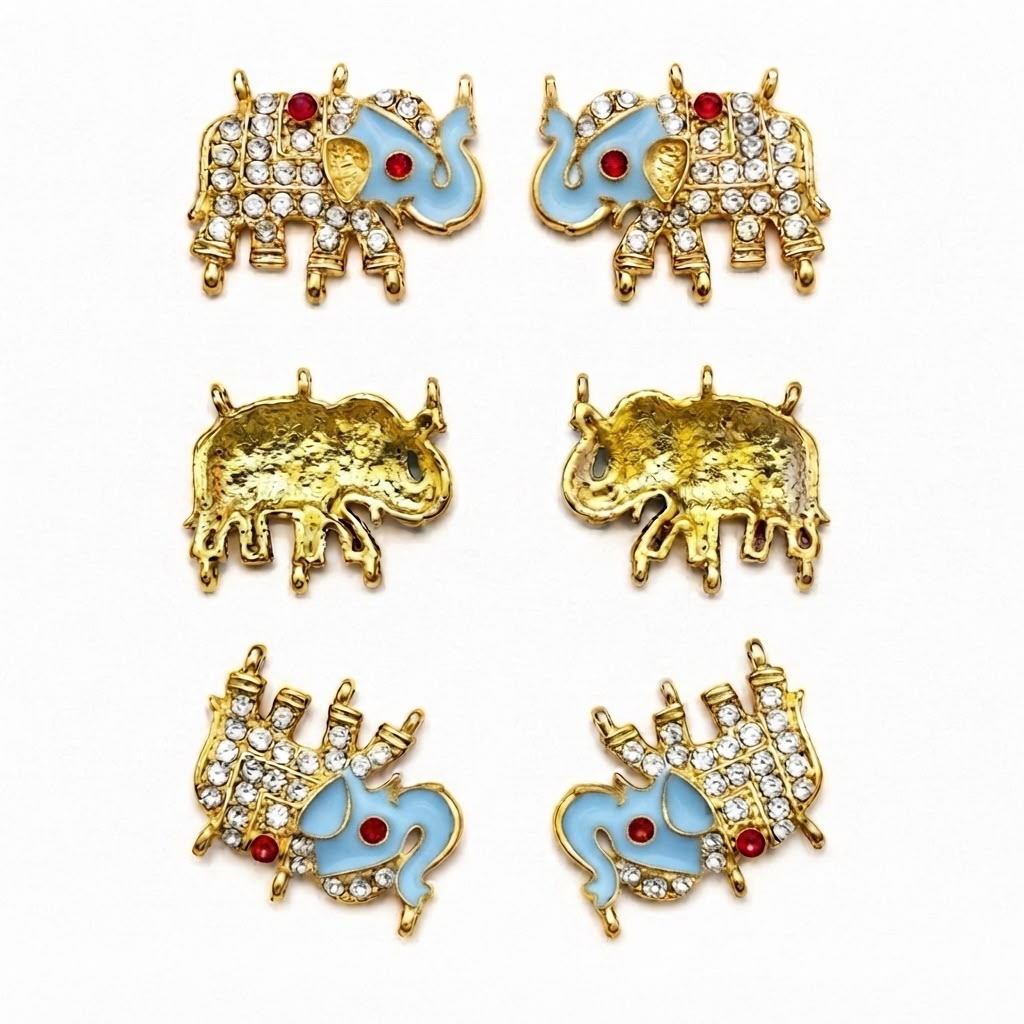 Traditional Elephant Kundan Charm with Crystal Stones | Gold Finish Decorative Pendant for DIY Jewelry Making(PACK OF 12PCS)