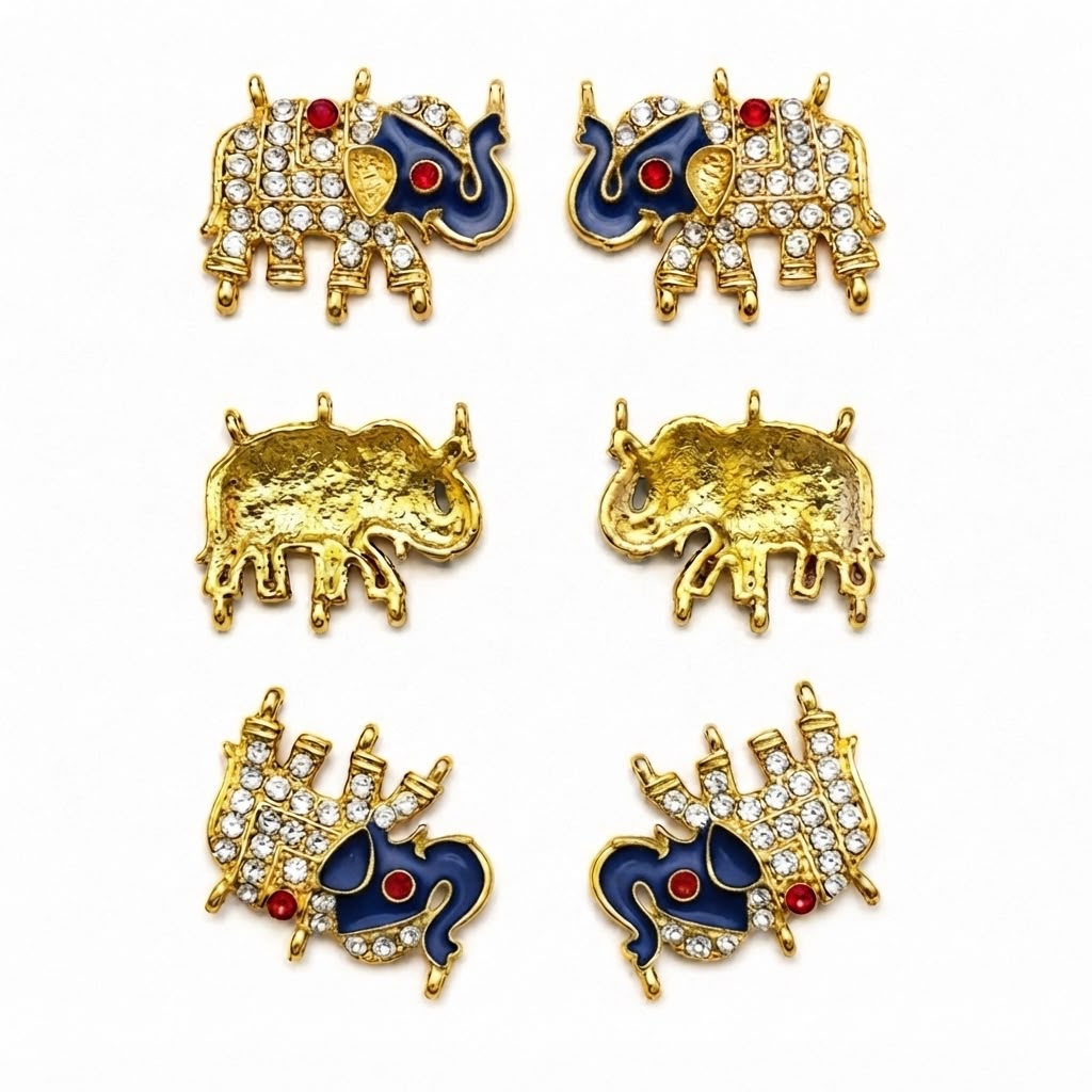 Traditional Elephant Kundan Charm with Crystal Stones | Gold Finish Decorative Pendant for DIY Jewelry Making(PACK OF 12PCS)