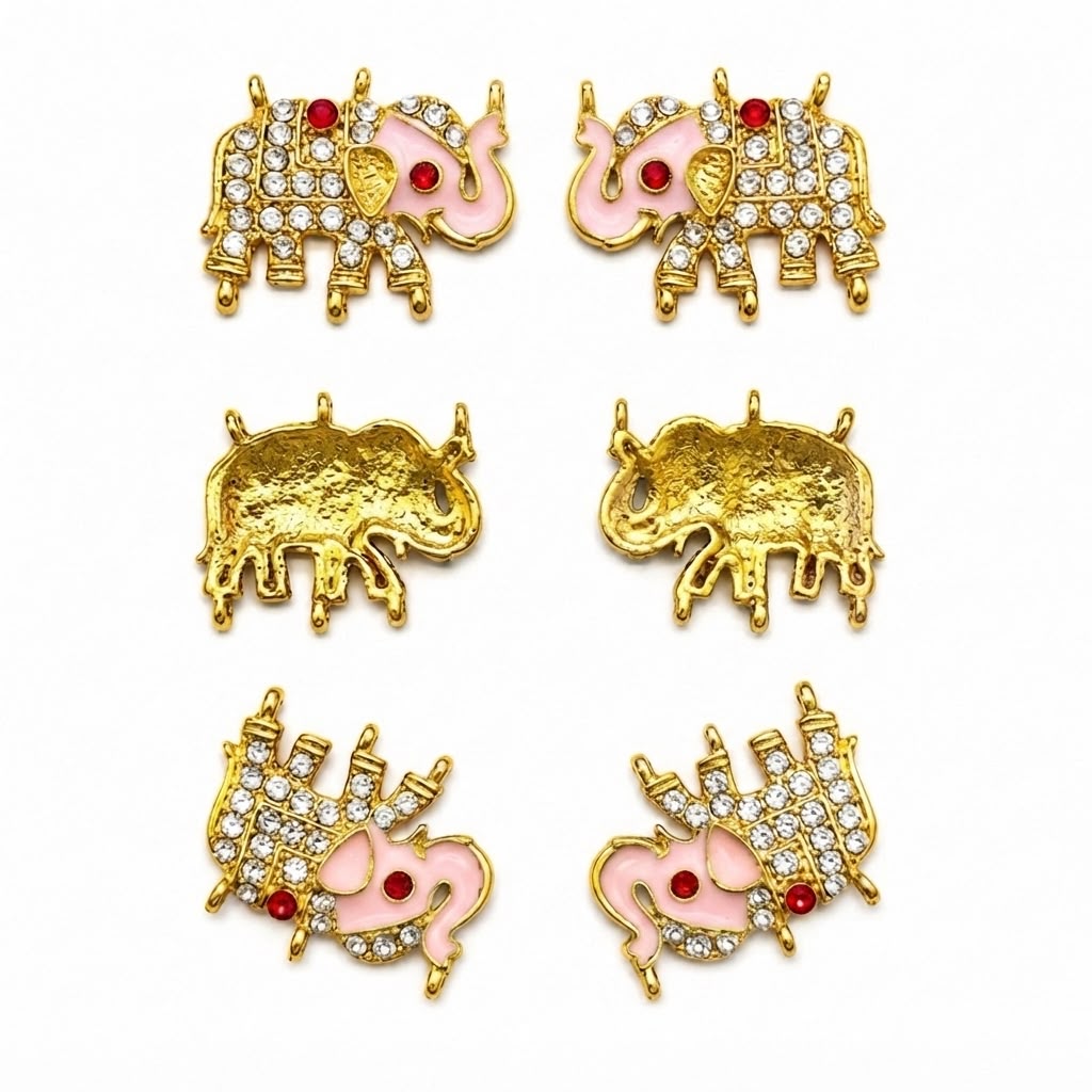 Traditional Elephant Kundan Charm with Crystal Stones | Gold Finish Decorative Pendant for DIY Jewelry Making(PACK OF 12PCS)