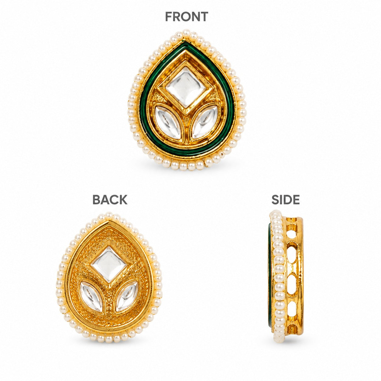 Green Kundan Teardrop Embellishment Stones with Pearl Border – Premium DIY Jewelry Making Accessories (Pack of 12pcs)