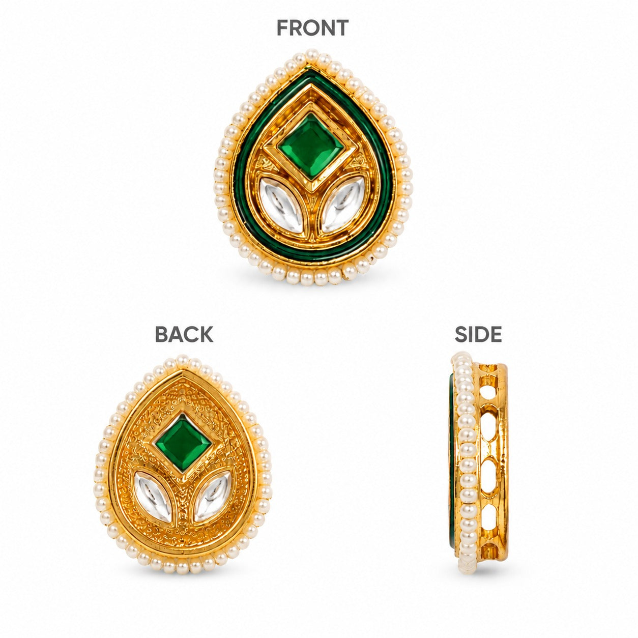 Green Kundan Teardrop Embellishment Stones with Pearl Border – Premium DIY Jewelry Making Accessories (Pack of 12pcs)