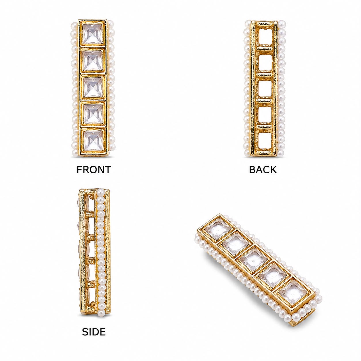 Emerald Green Rectangular Kundan Connector Bar with Pearl Border – Gold Finish ( pack of 12 pcs )